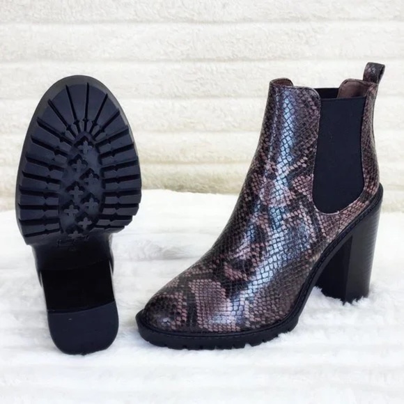 So Me  Brown Snake Print 4.25" Stacked Block Heel Slip On Ankle Boots - Picture 12 of 12